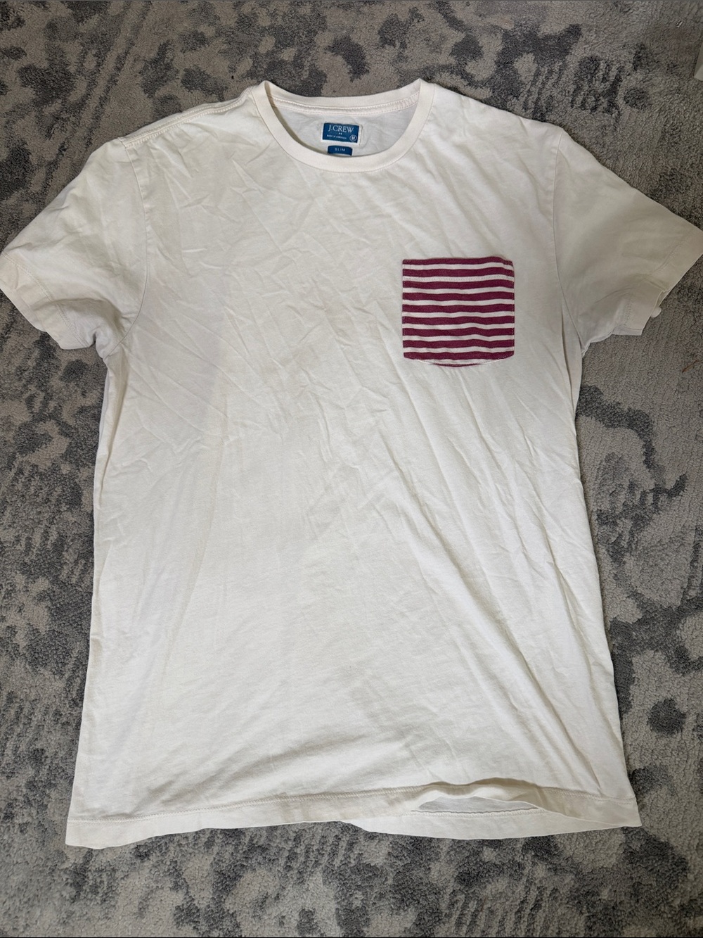 J. Crew White Short Sleeve Crewneck Tee with Burgundy Striped Pocket